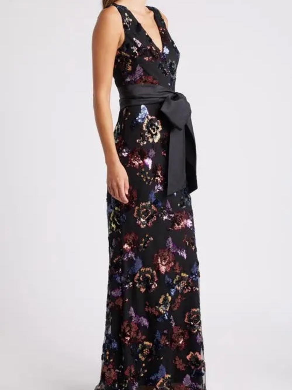 Embellishment Dark Floral Sequin Maxi Dress Satin Bow Waist V-Neck - Picture 4 of 9